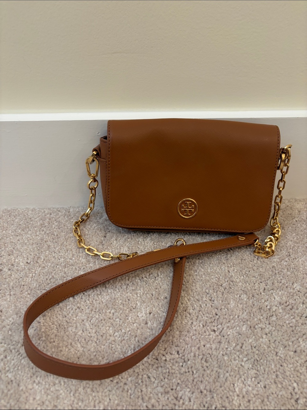 Tory Burch Cognac Leather Crossbody with Gold Chain